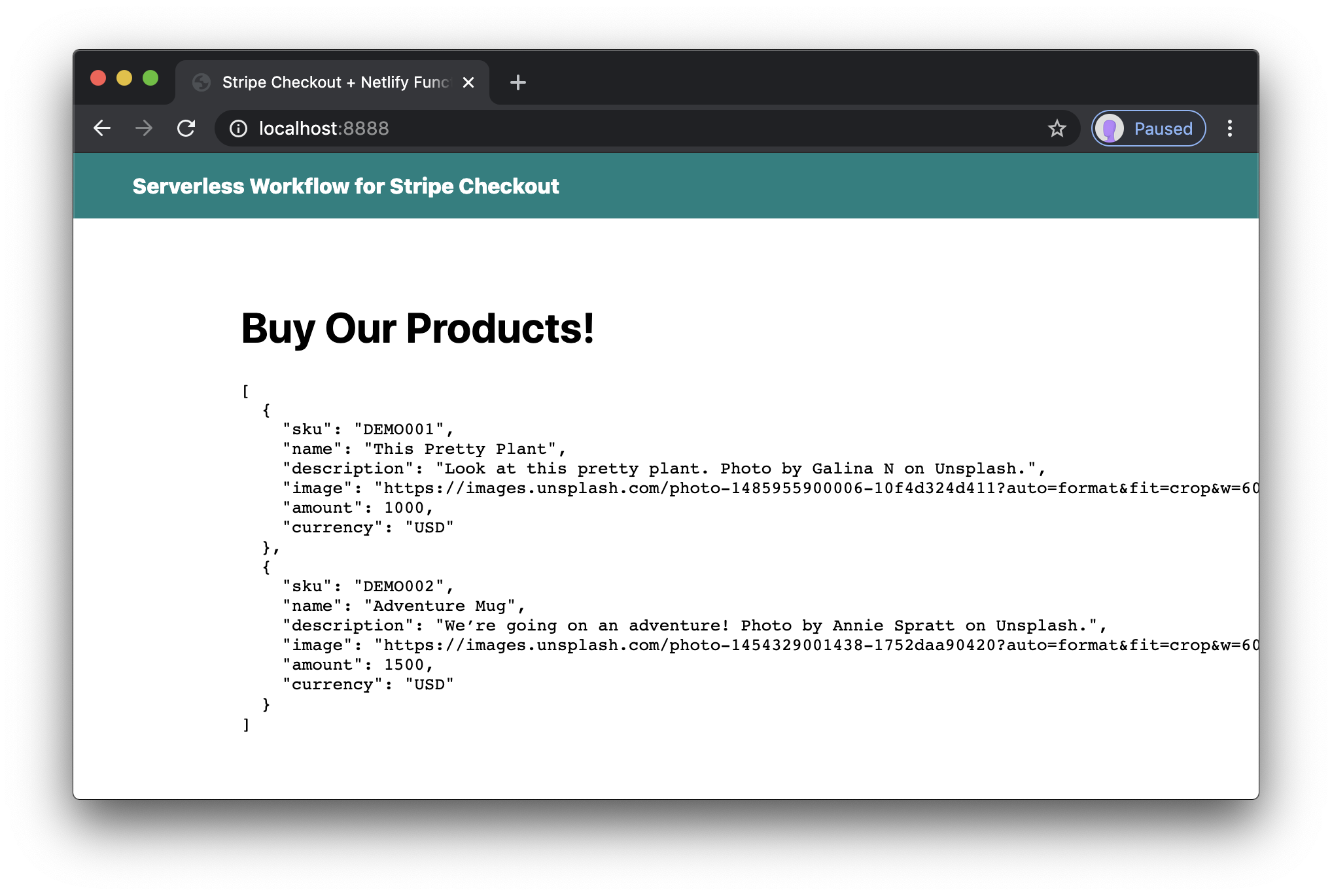 product JSON displayed on the page