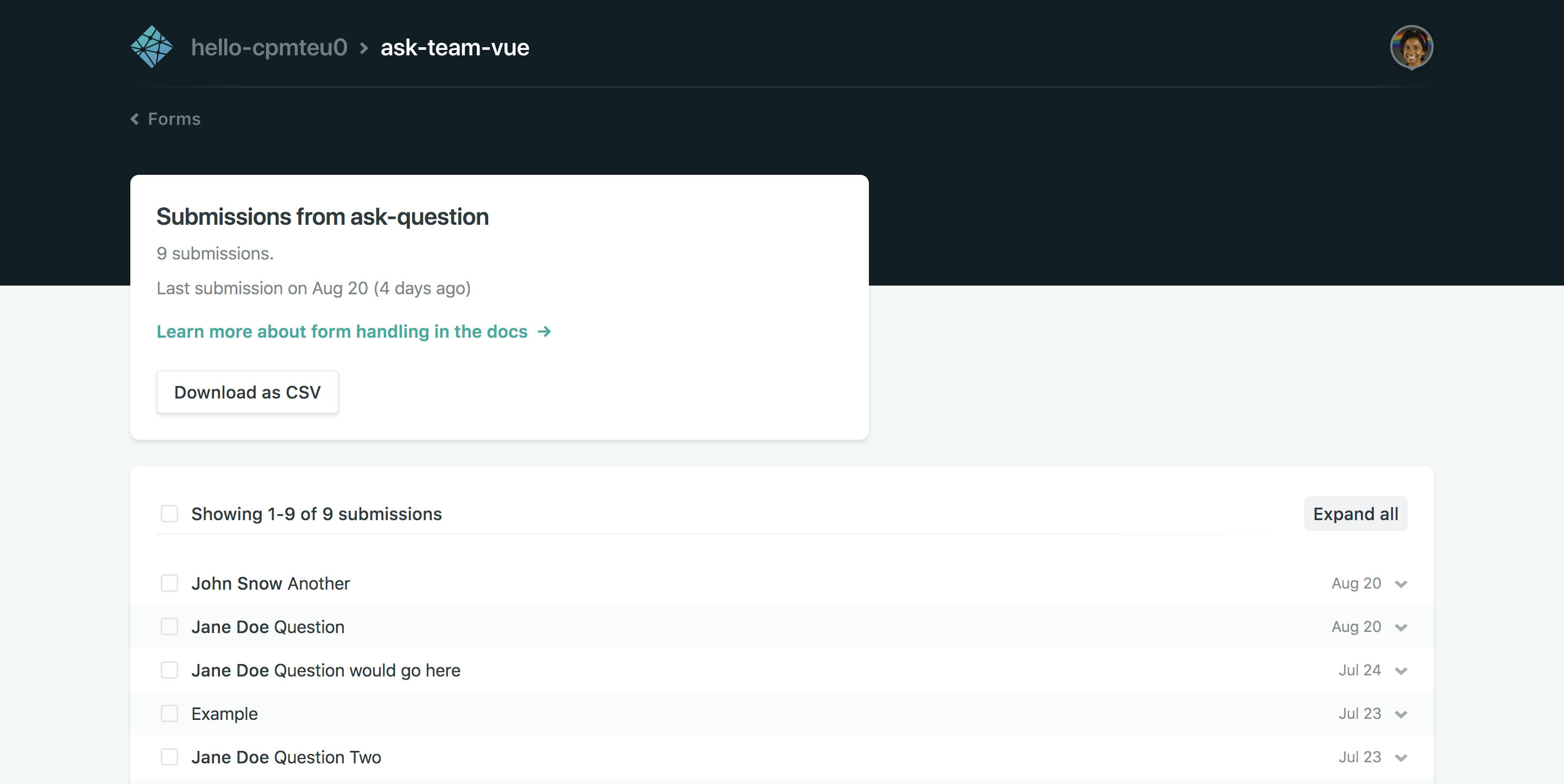 image of forms admin showing data collected