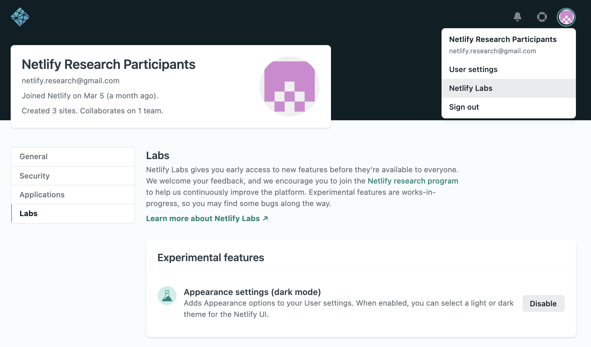 Netlify Labs user interface selector 