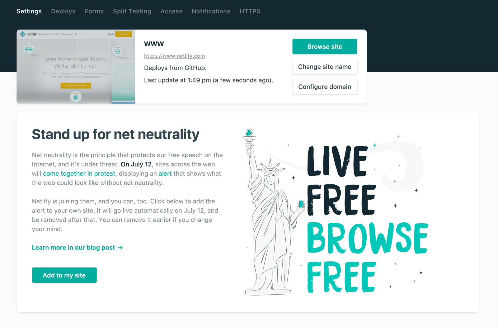 1-click alert functionality at the top of the site settings page