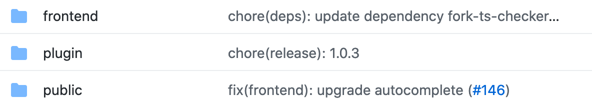 Screenshot showing the organization of a repo with three directories labeled frontend, plugin, and public