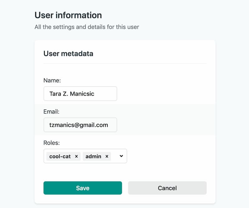 the User metadata form