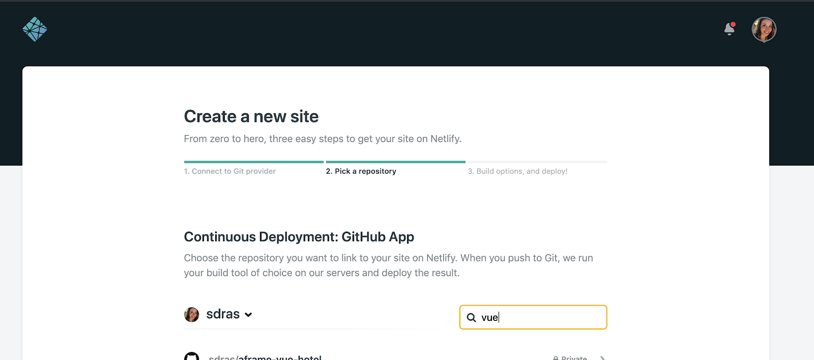 New site from git view in the Netlify Dashboard