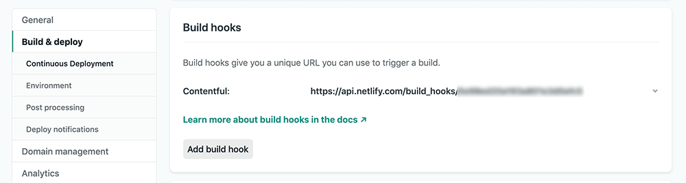 Netlify build hooks settings page