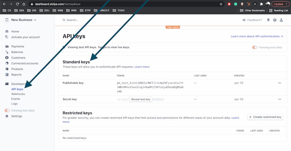 Stripe API key menu