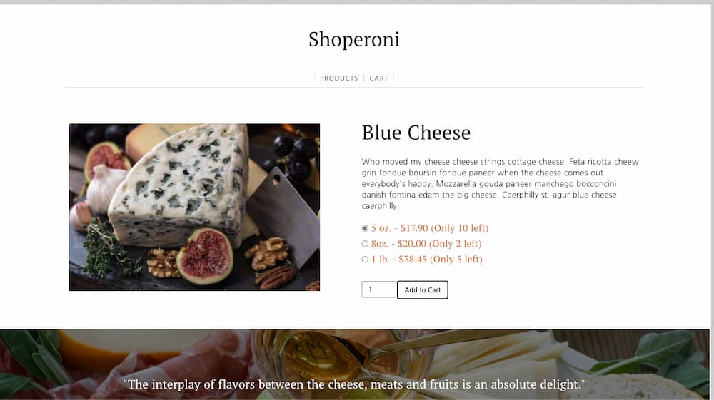 a screenshot of the product detail page for aged gruyere with variants