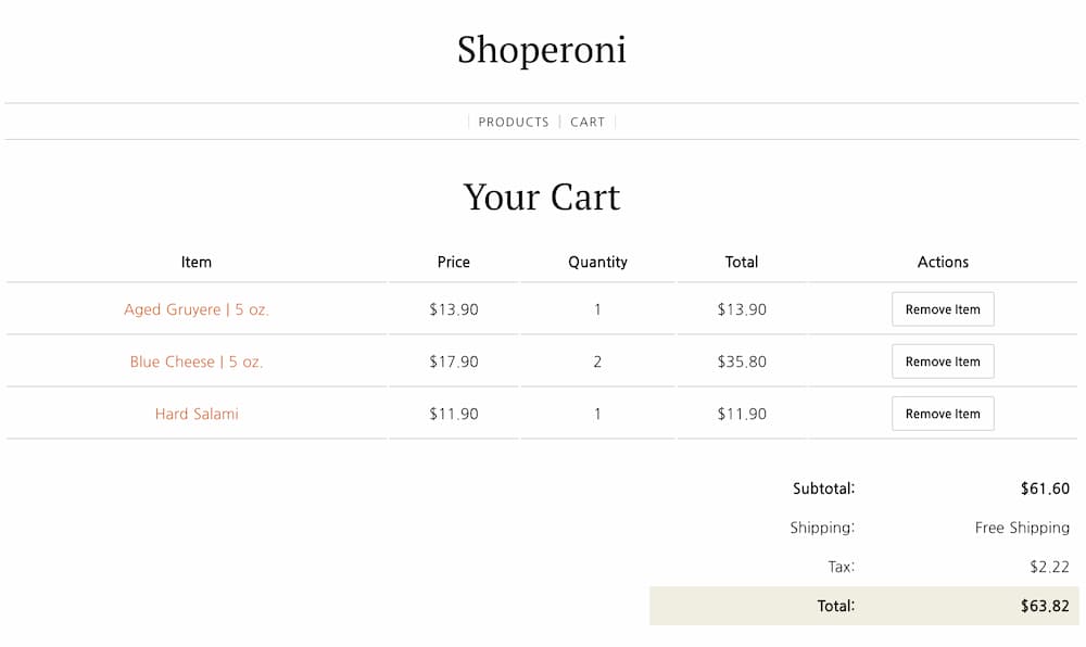 screenshot of cart page with items and totals