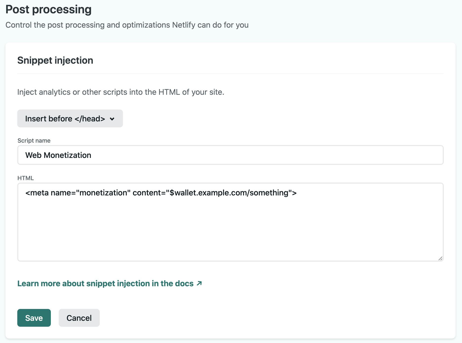 Snippet injection panel with monetization meta tag