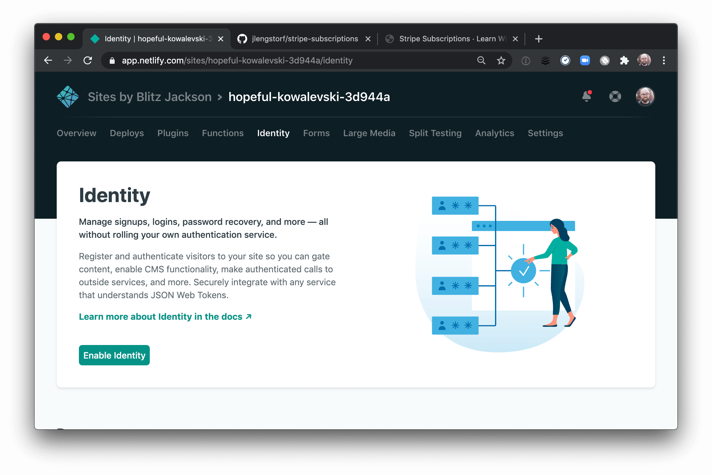 The UI to enable Netlify Identity in the Netlify dashboard.