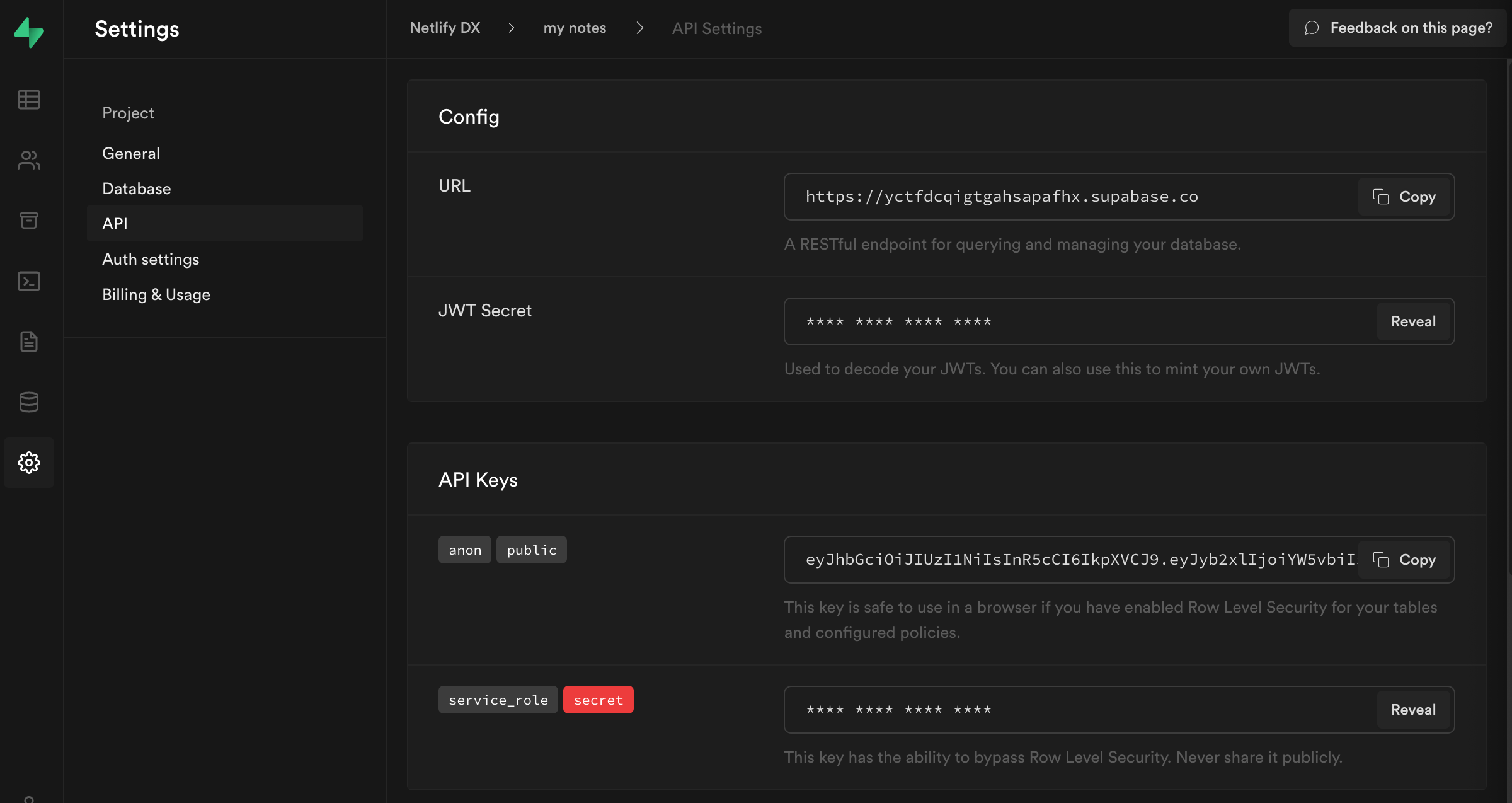 Screenshot of Supabase API credentials screen