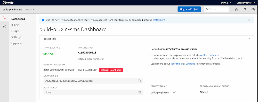 Twilio dashboard