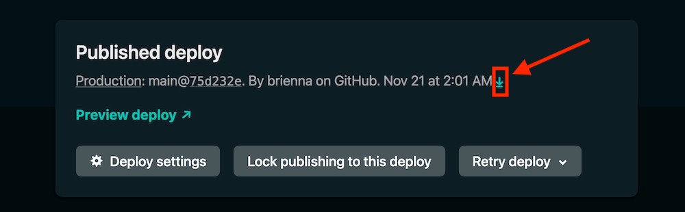 Download arrow in the Deploy Details page
