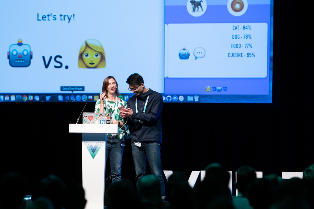 Jen Looper live demoing with a volunteer at Vue London
