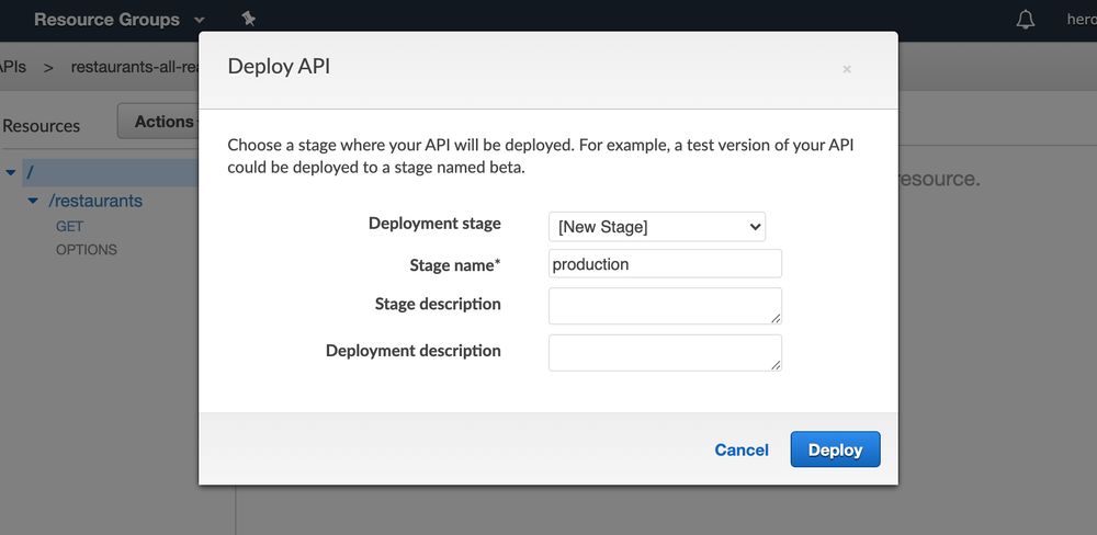 API Gateway - deploying the API screen