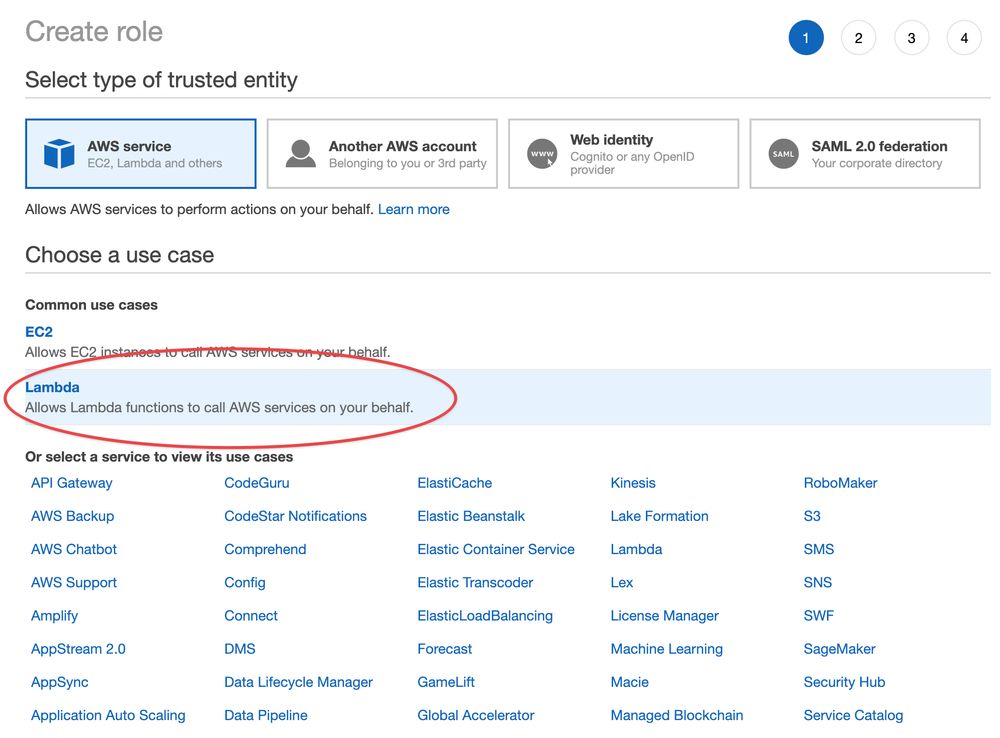 Identity and Access Management (IAM) create role screen