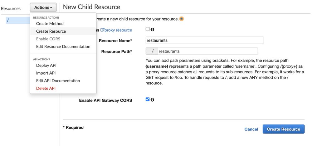 API Gateway - Create resource menu screen
